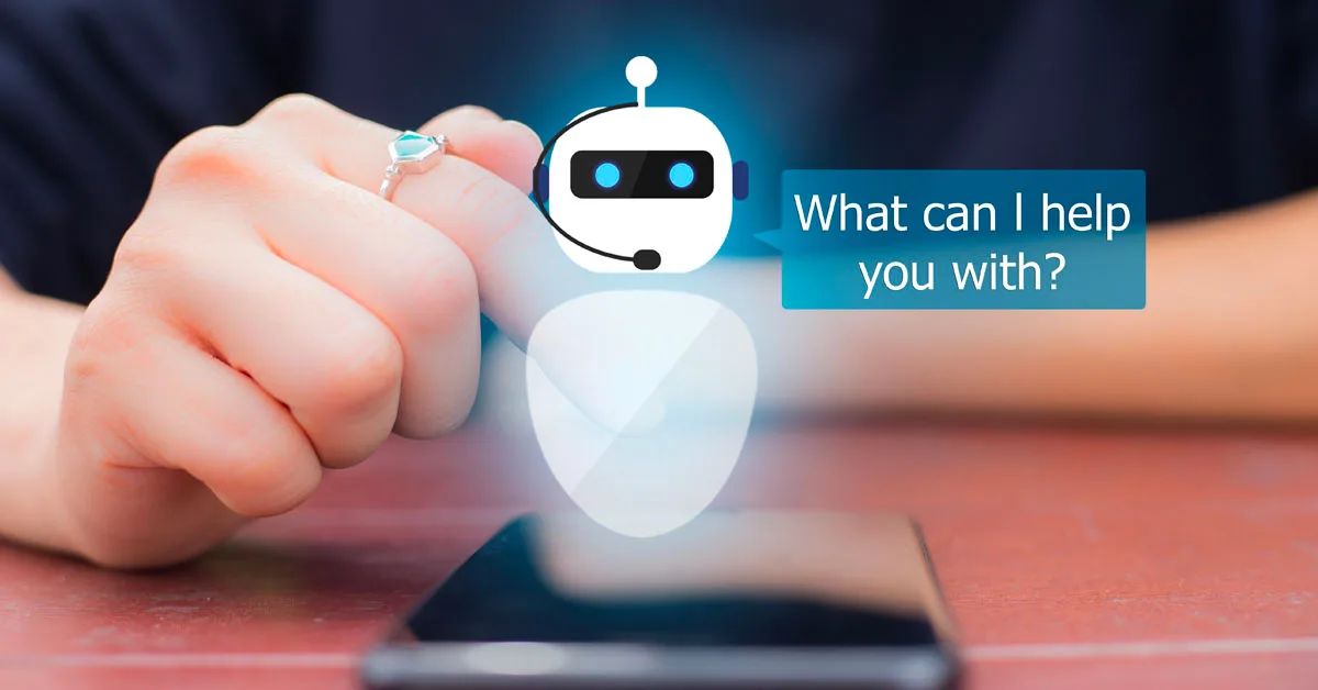 スマートフォンから浮かび上がるチャットボットと「What can I help you with?」の吹き出し