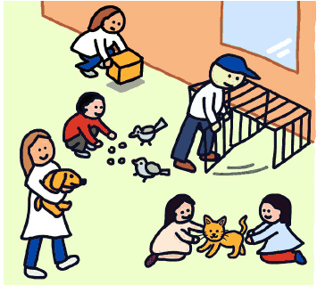 動物病院の待合室。箱を持ち上げる女性、鳥に餌をやる男の子、犬を抱く女性、猫と遊ぶ二人の女の子、ケージを開ける男性。