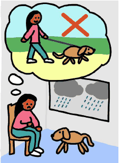 雨の日に犬を散歩に連れて行けず、椅子に座って考えこむ女性。吹き出しの中の散歩の場面に赤い×印。